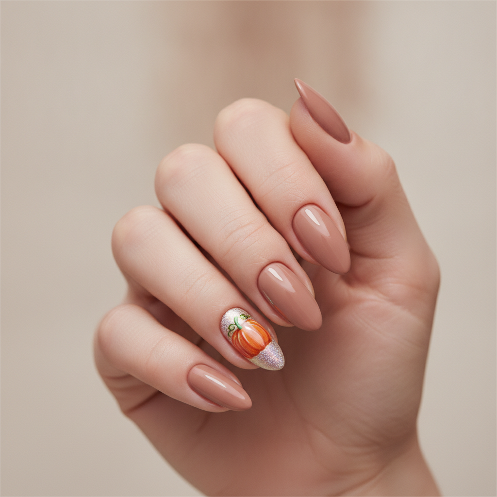 Nude with chrome-dusted pumpkin accent
