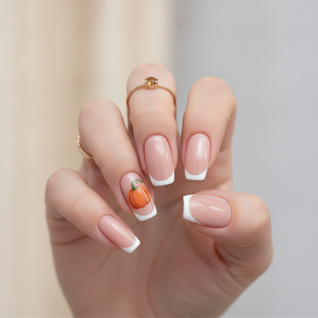 Nude French with pumpkin ring-finger art