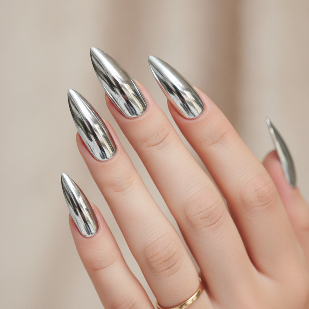 Long silver chrome stilettos