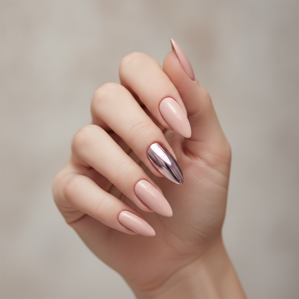 Long nude stilettos with chrome accents