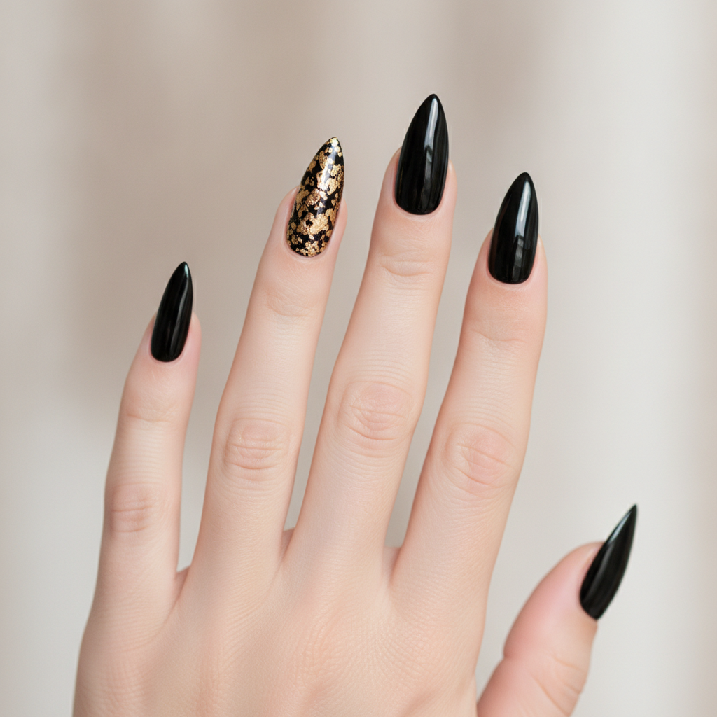 Long black stilettos with gold foil