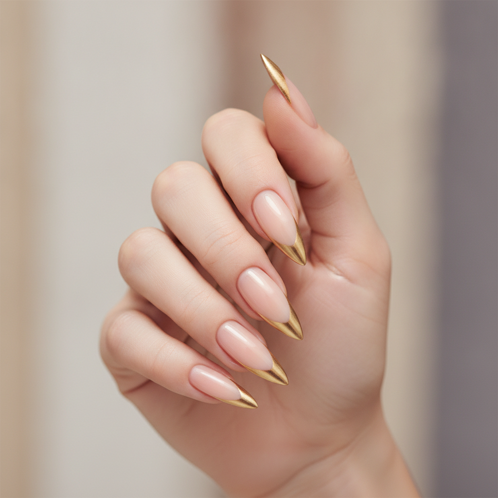 Long nude stilettos with gold tips