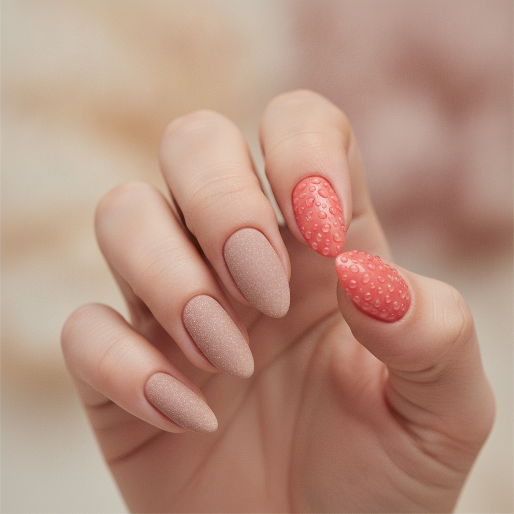 Matte nude with glossy coral accents